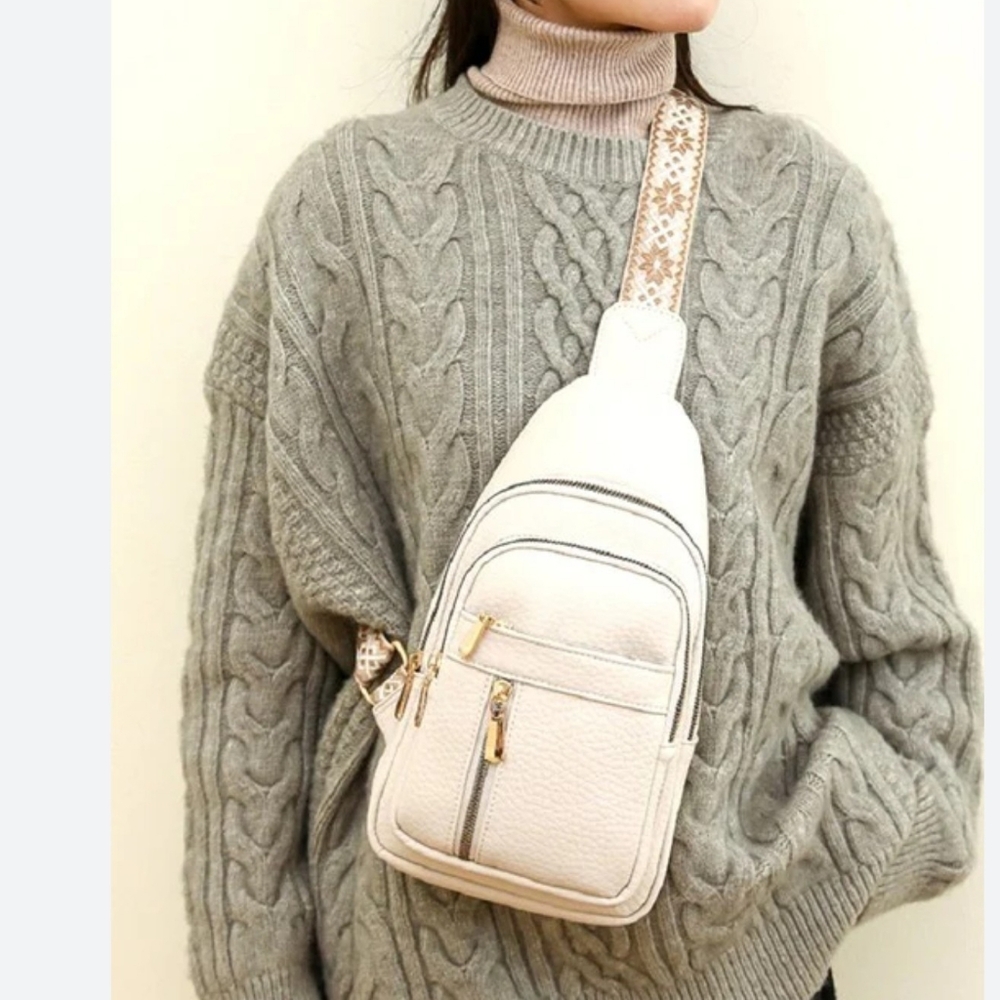 Adjustable Crossbody Sling Bag with Embroidered Guitar Strap In Cream - Picture 11 of 11